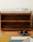 35" Brown Linen And Solid Wood Upholstered Storage Bench With Shoe Storage