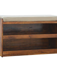 35" Brown Linen And Solid Wood Upholstered Storage Bench With Shoe Storage