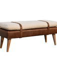 35" Beige And Brown Boucle Genuine Leather And Solid Wood Upholstered Bench