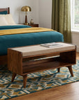 35" Beige And Brown Linen And Solid Wood Upholstered Storage Bench With Shoe Storage