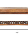 32" Tan And Brown Genuine Leather And Solid Wood Storage Bench With Shelf