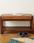 32" Tan And Brown Genuine Leather And Solid Wood Storage Bench With Shelf