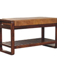 32" Tan And Brown Genuine Leather And Solid Wood Storage Bench With Shelf