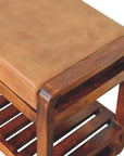 32" Tan And Brown Genuine Leather And Solid Wood Storage Bench With Shelf