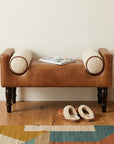 36" Brown And Walnut Genuine Leather And Solid Wood Upholstered Bench
