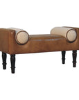 36" Brown And Walnut Genuine Leather And Solid Wood Upholstered Bench