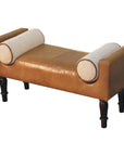 36" Brown And Walnut Genuine Leather And Solid Wood Upholstered Bench