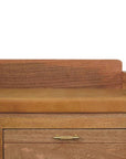 39" Tan And Oak Genuine Leather And Solid Wood Upholstered Storage Bench With Drawers
