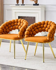 Set of Two Orange And Gold Velvet And Metal Open Back Dining Side Chairs