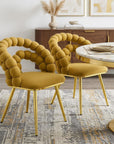 Set of Two Yellow And Gold Velvet And Metal Open Back Dining Arm Chairs