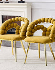 Set of Two Yellow And Gold Velvet And Metal Open Back Dining Arm Chairs