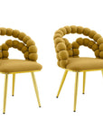 Set of Two Yellow And Gold Velvet And Metal Open Back Dining Arm Chairs