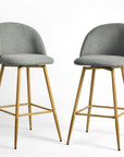Set of Two 27" Gray And Oak Fabric And Metal Low Back Counter Height Swivel Bar Chairs