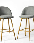 Set of Two 27" Gray And Oak Fabric And Metal Low Back Counter Height Swivel Bar Chairs