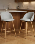 Set of Two 27" Gray And Oak Fabric And Metal Low Back Counter Height Swivel Bar Chairs