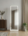 64" X 21" Silver Glass Lighted Wall Mounted Leaning And Freestanding Framed Full Length Mirror
