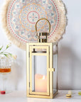 12" Clear And Gold Glass And Stainless Steel Tabletop Lantern Candle Holder