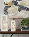 Set of Two Clear And White Glass And Solid Wood Floor Lantern Candle Holders