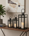 Set of Three Clear And Black Glass And Stainless Steel Tabletop Lantern Candle Holders