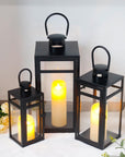 Set of Three Clear And Black Glass And Stainless Steel Tabletop Lantern Candle Holders