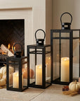 Set of Three Clear And Black Glass And Stainless Steel Tabletop Lantern Candle Holders