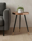 24" Walnut Black And Rose Gold Wood and Stainless Steel Round End Table