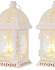 Set of Two 8" White Metal And Glass Pierced Scrollwork Lantern Lamps