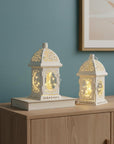 Set of Two 8" White Metal And Glass Pierced Scrollwork Lantern Lamps