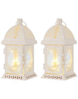 Set of Two 8" White Metal And Glass Pierced Scrollwork Lantern Lamps