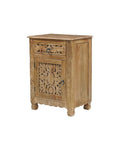 30" Natural Solid Wood Distressed Carved Floral One Drawer Nightstand