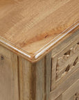 30" Natural Solid Wood Distressed Carved Floral One Drawer Nightstand