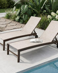 Set of Two Off White Aluminum Five Position Adjustable Sling Outdoor Chaise Lounges