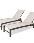 Set of Two Off White Aluminum Five Position Adjustable Sling Outdoor Chaise Lounges