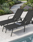 Set of Two Black Steel Six Position Adjustable Sling Outdoor Chaise Lounges