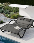 73" Black Aluminum Sling Outdoor Chaise Lounge With Canopy