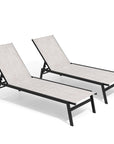 Set of Two Off White Steel Five Position Adjustable Sling Outdoor Stacking Chaise Lounges