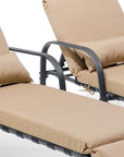Set of Two Light Brown Steel Five Position Adjustable Outdoor Chaise Lounges with Light Brown Cushion