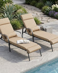 Set of Two Light Brown Steel Five Position Adjustable Outdoor Chaise Lounges with Light Brown Cushion