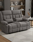47" Slate Blue and Black Microfiber Manual Reclining Loveseat With Storage and Toss Pillows