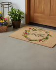 24" X 36" Brown Green And Black Floral Hello Outdoor Coir Door Mat