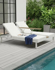Set of Two White Aluminum Four Position Adjustable Outdoor Chaise Lounges with White Cushion
