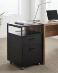26" Black Wood And Metal Two Drawer Rolling Filing Cabinet With USB