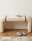 35" Beige and Brown Boucle and Leather Upholstered Bench