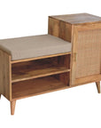 41" Beige And Oak Boucle And Solid Wood Upholstered Storage Bench With Cabinet And Shelves