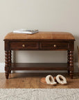 35" Tan And Dark Brown Genuine Leather And Solid Wood Upholstered Storage Bench With Drawers And Shelves