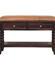 35" Tan And Dark Brown Genuine Leather And Solid Wood Upholstered Storage Bench With Drawers And Shelves
