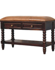 35" Tan And Dark Brown Genuine Leather And Solid Wood Upholstered Storage Bench With Drawers And Shelves