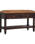 35" Tan And Dark Brown Genuine Leather And Solid Wood Upholstered Storage Bench With Drawers And Shelves