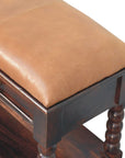 35" Tan And Dark Brown Genuine Leather And Solid Wood Upholstered Storage Bench With Drawers And Shelves