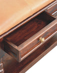 35" Tan And Dark Brown Genuine Leather And Solid Wood Upholstered Storage Bench With Drawers And Shelves